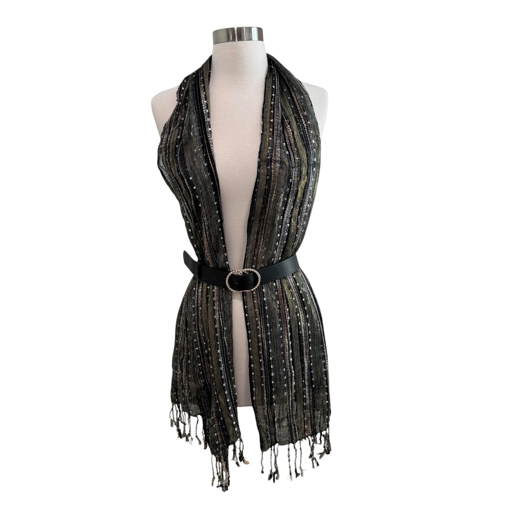 Boho Metallic Fringe Scarf OS Black Gold Lurex Striped Wrap Festival Witchy Goth